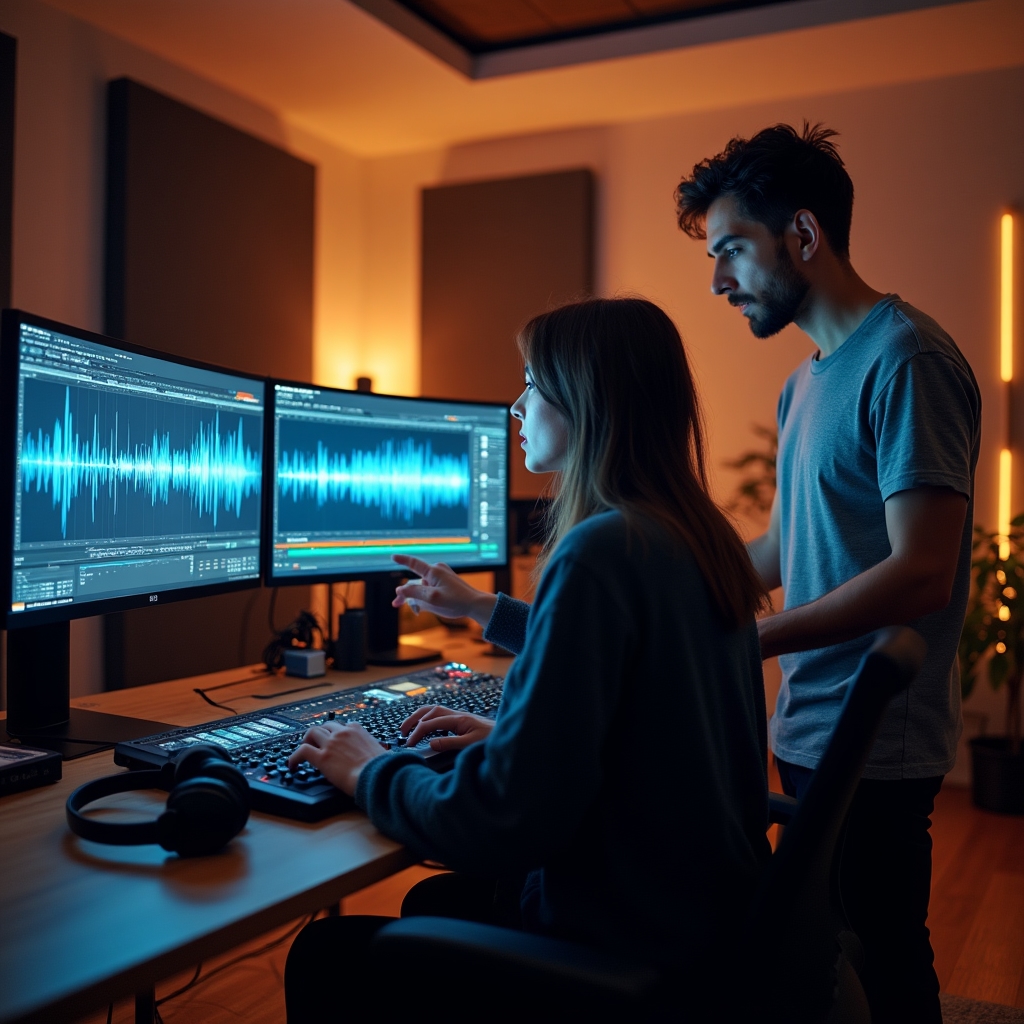 Команда студии за работой над подкастом